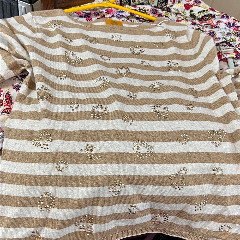 Ruby Rd. Beige & White Striped Sweater with Gold Studs